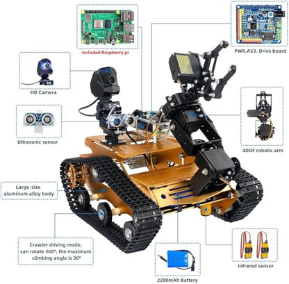 Smart WiFi Robot Kit with Raspberry Pi 5, 4DOF Robotic Arm Track Tank Chassis Robot Car with 2DOF HD Camera Ultrasonic Infrared Sensor, Programmable AI Robot Kit for Adults & Teens (Gold) - color: Gold