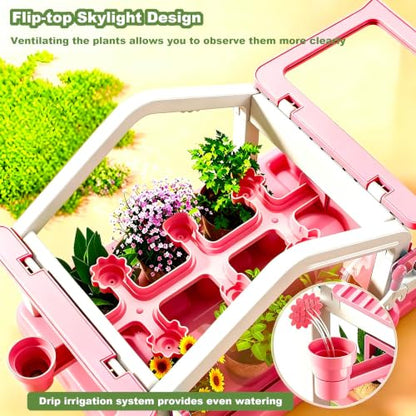 Kids Mini Greenhouse Plant Growing Kit with Drip Irrigation System,Transparent Plant Observation House Complete Gardening Tools,STEM Science Educational Planting Toy Gift for Boys Girls Age 3-12
