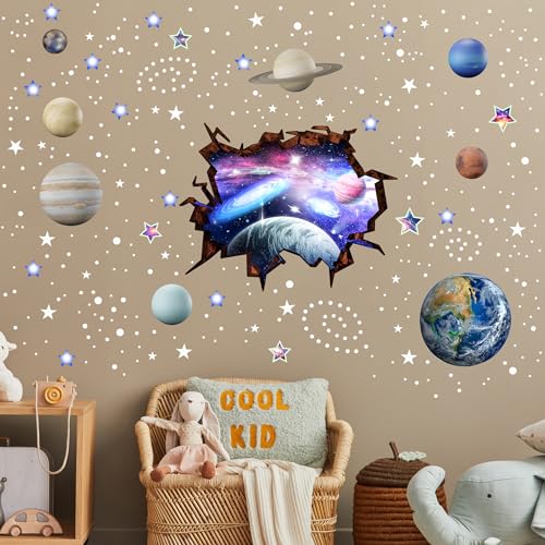 Stars and Planets Wall Decals Glow in The Dark, Earth Solar System Stickers for Ceiling, Space Wall Sticker for Kids Room (Blue) - color: Earth-blue-3