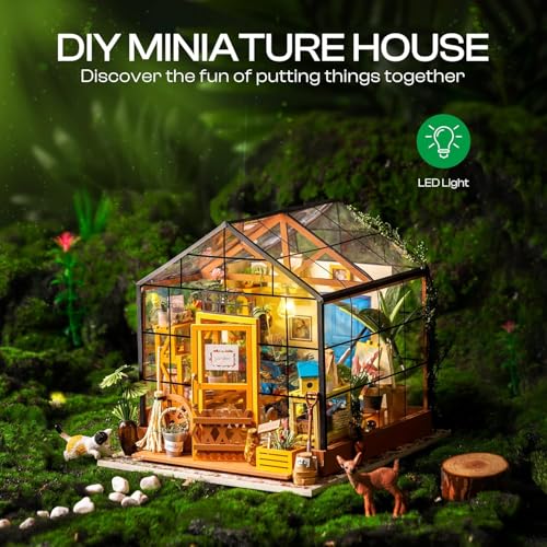 ROBOTIME DIY Miniature House Kit Mini Green House Tiny Dollhouse Wooden Furniture Kit with LED Halloween/Christmas/Birthday Gifts for Adults (Cathy's Greenhouse) - color: Cathy's Flower House