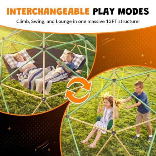 jumpfly 13FT Climbing Dome with Hammock and Swing, 6.9FT Extra Tall Jungle Gym for Backyard, Heavy Duty Dome Climber with Anti-Slip Textured Steel & 16 Grips, Outdoor Playset for Kids - color: Brown/Green