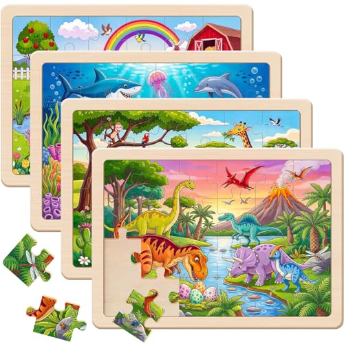 Puzzles for Kids Ages 4-6, 4 x 24 PCs Animals Wooden Puzzles - color: Dinosaur+forest+marine+farm