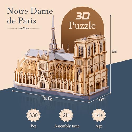 3D Wooden Puzzle for Adults — Notre Dame de Paris Cathedral Model Building Sets, DIY Craft Kits, Unique Gift and Home Decor for Architecture Enthusiast (330PCS)
