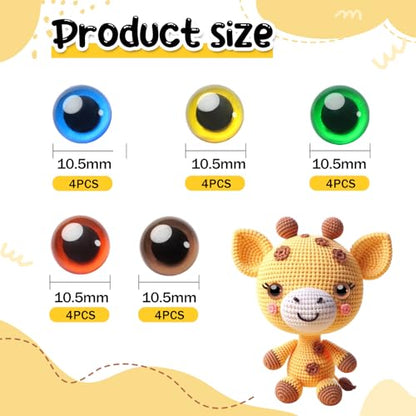 TOAOB 20pcs Sew On Safety Eyes Buttons 10.5mm 5 Colors Plastic Mushroom Domed Sewing Crafting Eyes for DIY Stuffed Animals Amigurumis Crochet Doll Making - size: 10.5mm