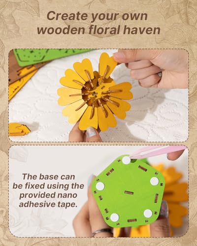 Kaayee 3D Wooden Flower Puzzles Sunflower, Wood Flowers Craft for Adults - color: Sunflower