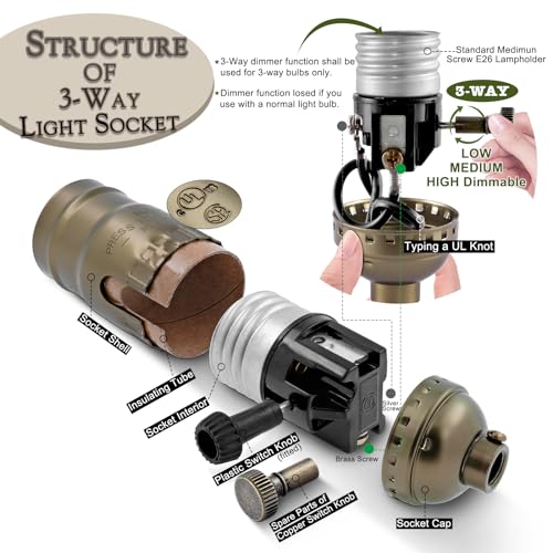 Lamp Rewire Kit - 3-Way Socket With Matching Cord and Harp Set for Table or Floor Lamp Repair, Essential Hardware for DIY Design (Antique Brass, 1) - style: Antique Brass