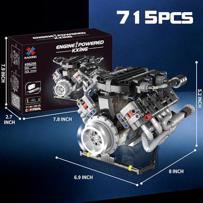 V8 Engine Model Kit that Works with LED Light & APP Control, 8-Cylinder Visible Engine Building Blocks Set, Build Your Own STEM Engineering Kit that Runs, Collection Set for Adults & Kids (715 PCS) - color: Black