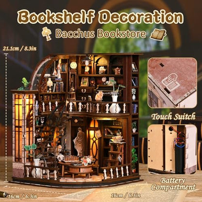DIY Miniature House Kit, 3D Wooden Puzzle for Adults, Book Nook Kit with Touch LED Light, Library Bookshelf Insert, Creative Hobby Craft Gift for Bibliophiles (Bacchus Bookstore) - style: Bacchus Bookstore