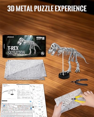 Piececool 3D Metal Puzzles T-Rex Skeleton Model Kit for Adults Animal Dinosaur Metal Puzzles Collectible Interactive DIY Building Kits, Great Birthday New Year Gifts for Men Teens 16+, Desk Decor