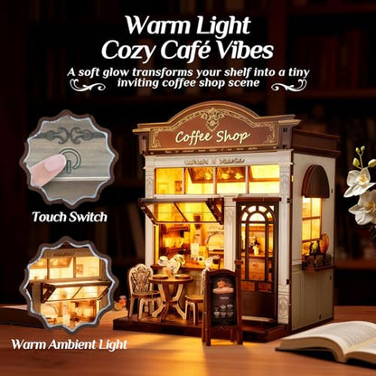 Book Nook Kit, DIY Miniature House Kit for Adults & Teens, Cozy Coffee Shop Scene Bookshelf Insert Decor with LED, 3D Wooden Puzzle Gift for Book Lovers (Coffee Shop) - style: Coffee Shop
