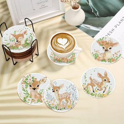 8 Pcs Deer Animals Diamond Art Coasters with Holder Cork Pads - color: Deer Diamond Art Coasters