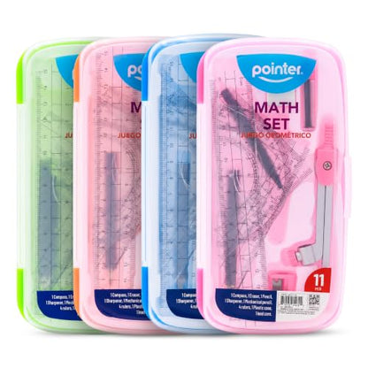 Pointer Math Set 11-Pieces Geometry Kit – Includes Compass, Ruler, Protractor & More – 1 Random Pastel Color from 4 Options – Back-to-School Geometry Kit for Students