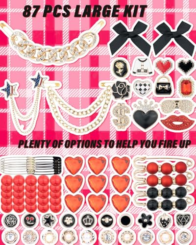 DoDoBeads 85 Pcs Junk Socks Charms Kit, Black and Red Charms for Socks, Brooches and Pins for Women, ShoeCharms with Bows, Sneakers DIY Kit with Pearls Rhinestones Chains - color: Black and Red