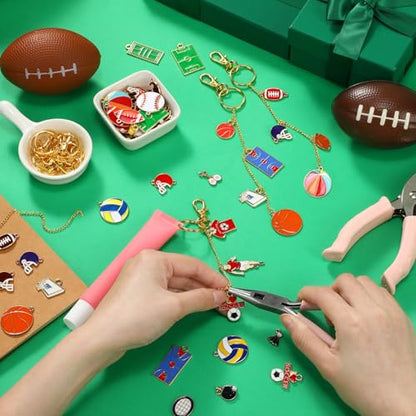 VioraWhite 213 Pcs Sports Theme Keychain Making Kit Ball Bag Charm Kit Lip Gloss Keychain 100 Football Volleyball Table Tennis Basketball Baseball Charms 32.81 ft Gold Chains for DIY Crafts Women - style: Sports Theme