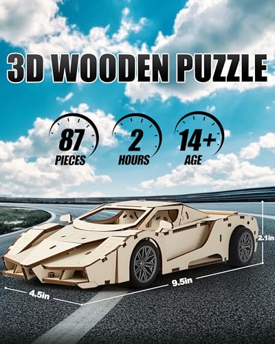 3D Wooden Puzzle Sports Car Model Kits for Adult to Build, 87Pcs
