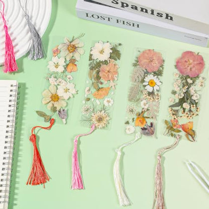 20 Sets Dried Flower Bookmark Making Kit Transparent Bookmark DIY Projects Craft Gift Bulk PET Sticker with Color Tassels and Tweezer for Classroom Activities Reading Award and Book Lovers (Boho) - style: Boho