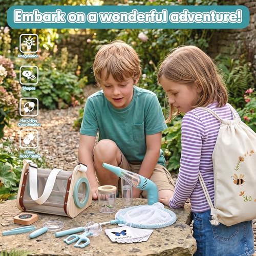 Kids Bug Catcher Kit, 11-Piece Outdoor Explorer Set with Bug Vacuum, Wooden Insect House, Butterfly Net, Ages 4-8