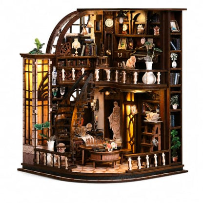 Book Nook Kit-DIY Miniature House for Adult and Teen Beginners, 3D Wooden Library Dollhouse with LED Light, Bookshelf Decor (Basque Study)