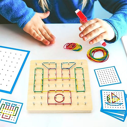 HEELWIRE Wooden Geoboard, Montessori Educational Toy for Kids with Pattern Cards and Rubber Bands to Figures and Shapes, Brain Teaser STEM Geo Board - size: 7*7*0.6 in Plus