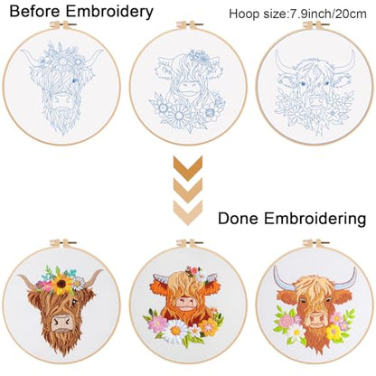 Louise Maelys 3 Set Highland Cow Embroidery Kit for Beginners Floral - color: highland cows