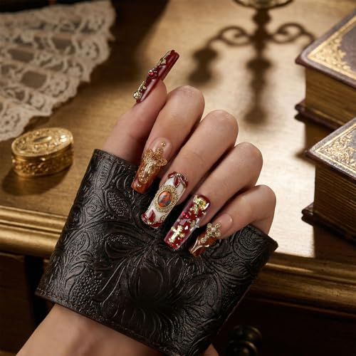 Handmade Gothic Press on Nails, Gold Cross Charm Long Square Nails, Luxury 3D Sacred Heart Angel Design False Nails, Reusable Full Cover 10pcs Set – Appife - color: Gilded Baroque, size: S
