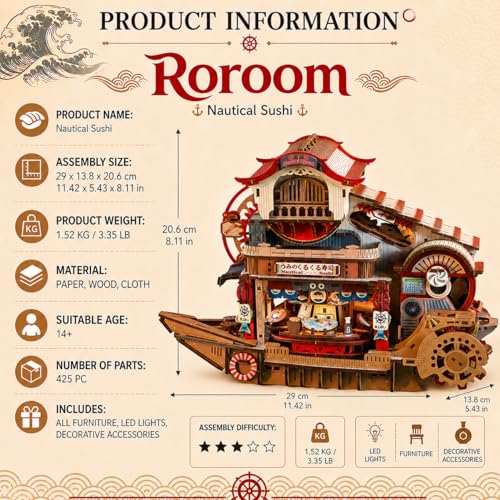 Roroom Mechanical 3D Wooden Puzzles for Adults, 425pcs Wood Building Kit - color: Nautical Sushi
