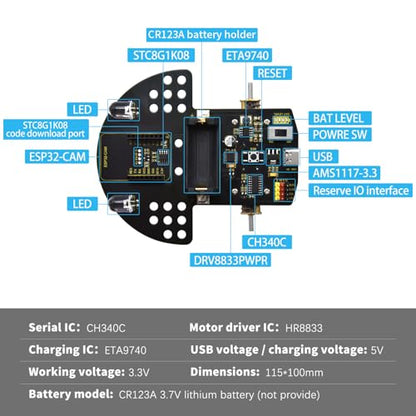 KEYESTUDIO ESP32-CAM Vision Smart Car Kit for Arduino,Educational Camera Coding Kit（Battery not Included