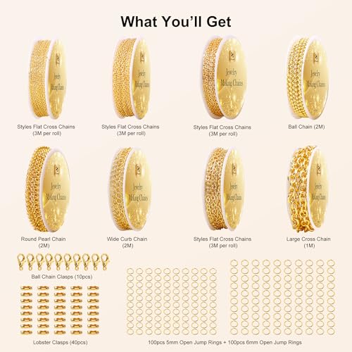 PP OPOUNT Gold Necklace Chains for Jewelry Making, 62.3 Feet 8 Rolls Chain - color: Gold, size: 8 Rolls