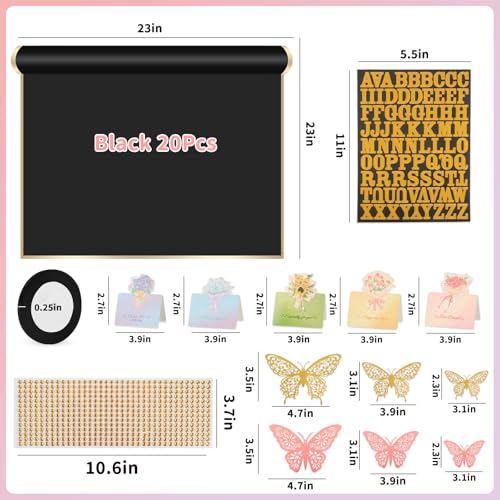 BESUPERT 52Pcs Flower Bouquet Wrapping Paper Kit, 20 Sheets Black Waterproof Floral Wrapping Paper, 1 Letter 1 Rhinestone Sticker, 12 Gold 12 Pink Butterflies, 5 Cards, 1 Black Ribbon (Gold Edge) - color: Black (Gold Edge)