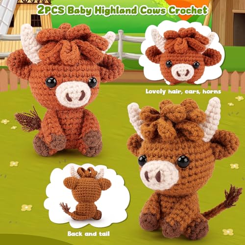 2PCS Highland Cow Crochet Kit for Beginners Crochet Starter Kit for Adults - color: Brown Highland cow