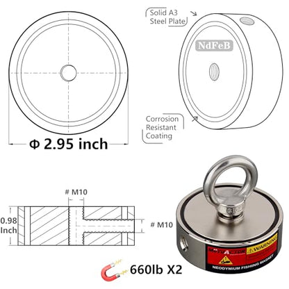 MUTUACTOR Fishing Magnet Kit Heavy Duty, Double Sided 1320lbs Rare Earth Magnets with 65Ft Salvage Rope, Super Strong Φ2.95'' Neodymium Magnet Fishing Kit for Retrieving Treasure in River - style: 1320lb Magnet(Double Sided)--Φ 2.95"
