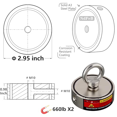 MUTUACTOR Fishing Magnet Kit Heavy Duty, Double Sided 1320lbs Rare Earth Magnets with 65Ft Salvage Rope, Super Strong Φ2.95'' Neodymium Magnet Fishing Kit for Retrieving Treasure in River - style: 1320lb Magnet(Double Sided)--Φ 2.95"