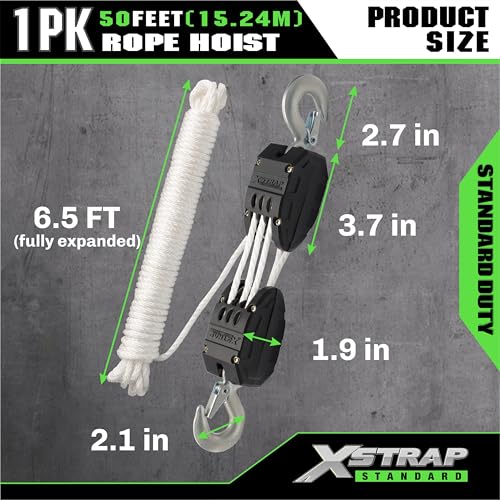 XSTRAP STANDARD Heavy-Duty 50 FT Reflective Rope Hoist Pulley System, White - color: 50ft White Upgraded