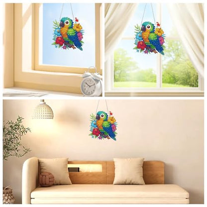 AIRDEA Hanging Diamond Painting Kits Parrot,Special Shaped Diamond Art Kits Bird Gem Art Pendant Decor,19.5x19.22cm - color: green yellow red
