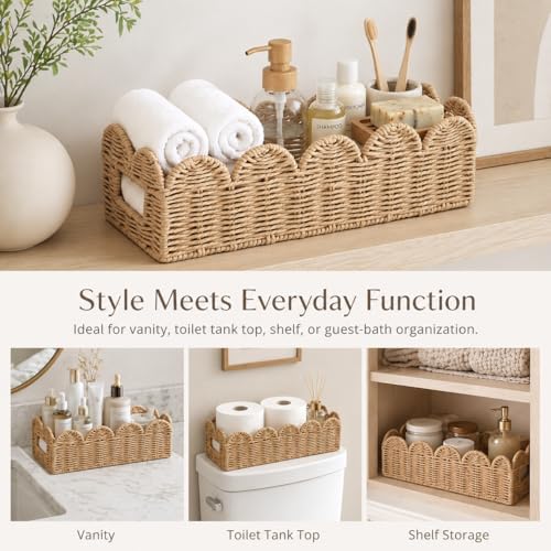 Natural Scalloped Basket, Toilet Tank Tray, Back of Toilet - color: Khaki