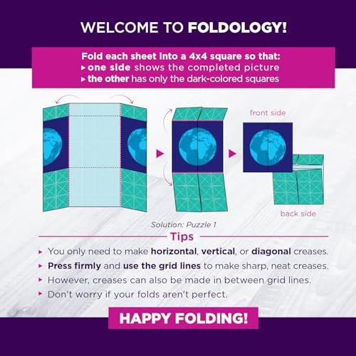 FOLDOLOGY - The Origami Puzzle Game! Brain Teasers for Tweens, Teens & Adults | Travel Game, STEM Toy | Fold the Paper, Complete the Picture | 100 Puzzles | Gift for Ages 10+ - size: 6x6 inches