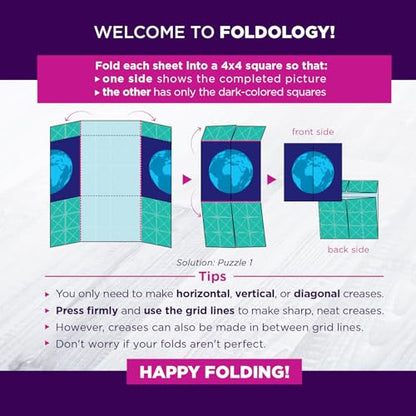 FOLDOLOGY - The Origami Puzzle Game! Brain Teasers for Tweens, Teens & Adults | Travel Game, STEM Toy | Fold the Paper, Complete the Picture | 100 Puzzles | Gift for Ages 10+ - size: 6x6 inches