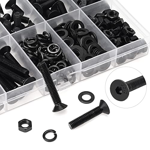 HELIFOUNER 240 Pieces M5 x 6mm /8mm /10mm /12mm /16mm /20mm /25mm, Countersunk Head Socket Cap Screws Bolts Washers Nuts Kit, 10.9 Grade Alloy Steel, Full Threaded, Black - size: M5, style: Countersunk Head