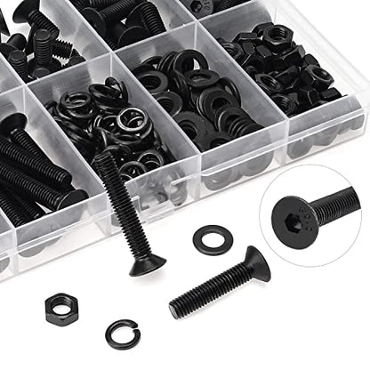 HELIFOUNER 240 Pieces M5 x 6mm /8mm /10mm /12mm /16mm /20mm /25mm, Countersunk Head Socket Cap Screws Bolts Washers Nuts Kit, 10.9 Grade Alloy Steel, Full Threaded, Black - size: M5, style: Countersunk Head