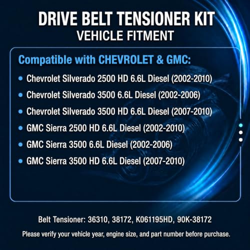 Serpentine Belt Tensioner Idler Pulley Kit with EPDM Belt Compatible with Chevrolet Silverado 2500 HD 3500 3500HD GMC Sierra 2500 HD 3500 3500HD 6.6L Diesel 2002-2010, Replace 38172 36310 - size: 90K-38172