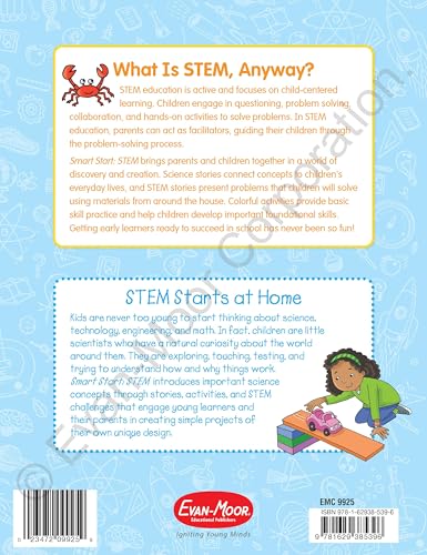 Evan-Moor Smart Start STEM Workbook, Grade PreK, Science, Technology, Engineering, Math, Hands On Activities, Problem Solving, Critical Thinking, Fine Motor Skills, Sequencing, Animals, Homeschool