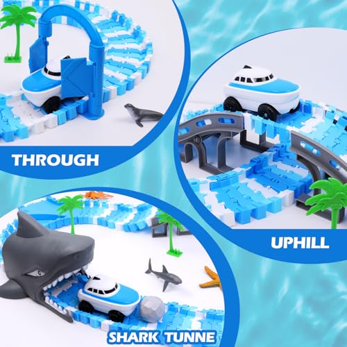 Ocean Theme Flexible Race Car Tracks for Kids, Birthday Gift for Boys Age 3 4 5 6 7 Years Old, 240+ PCS Buildable Car Track Playset with Shark Tunnel and Sea Creature Accessories - color: Ocean Race Car Tracks