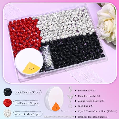 Dowarm 255PCS 10mm Rhinestone Beads for Baseball Rhinestone Necklace Bracelet Jewelry Making, Round Polymer Clay Beads for Crafts Beaded Pen, DIY Shamballa Pave Disco Diamond Bead, Black|Red|White - color: 08-Black | Red | White
