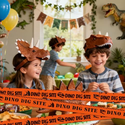 Nuanchu 2 Rolls 3'' x 98 Feet Dino Dig Site Caution Tape Party Decorations - style: Orange Dino Dig Site Caution