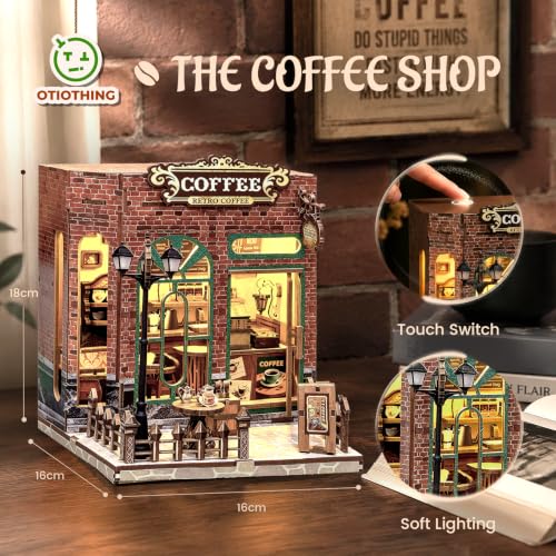 Coffee Shop Book Nook Kit DIY Miniature House with LED Lights, 3D Wooden Puzzle Bookshelf Insert for Adults, Double Door Mini Dollhouse Building Kit, Creative Home Decor Gift for Women & Men - style: Coffee Shop