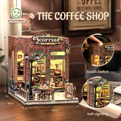 Coffee Shop Book Nook Kit DIY Miniature House with LED Lights, 3D Wooden Puzzle Bookshelf Insert for Adults, Double Door Mini Dollhouse Building Kit, Creative Home Decor Gift for Women & Men - style: Coffee Shop