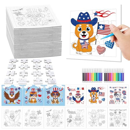 Fennoral 24 Pack DIY Coloring 4th of July Jigsaw Puzzle Craft Kit for Kids - color: 4th of July Animals