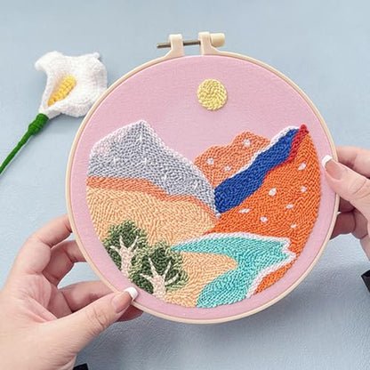 Allazone 3 Set Punch Needle Embroidery Kits, Punch Needle Kits for Adults Beginner, Punch Needle Tool with Punch Needle Cloth, Yarns and Sewing Needles (Sunset and Mountains) - color: sunset