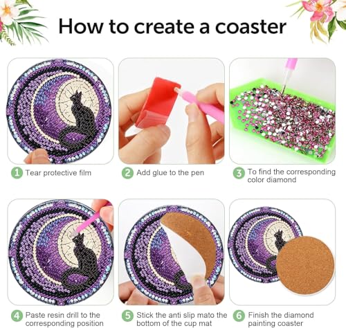 Diamond Art Coasters Kit, 6 Pieces Cat Diamond Painting Coasters Kit - color: Black Cat