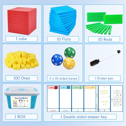Base Ten Blocks 137 Pcs Base 10 Blocks for Math with 3 Dice